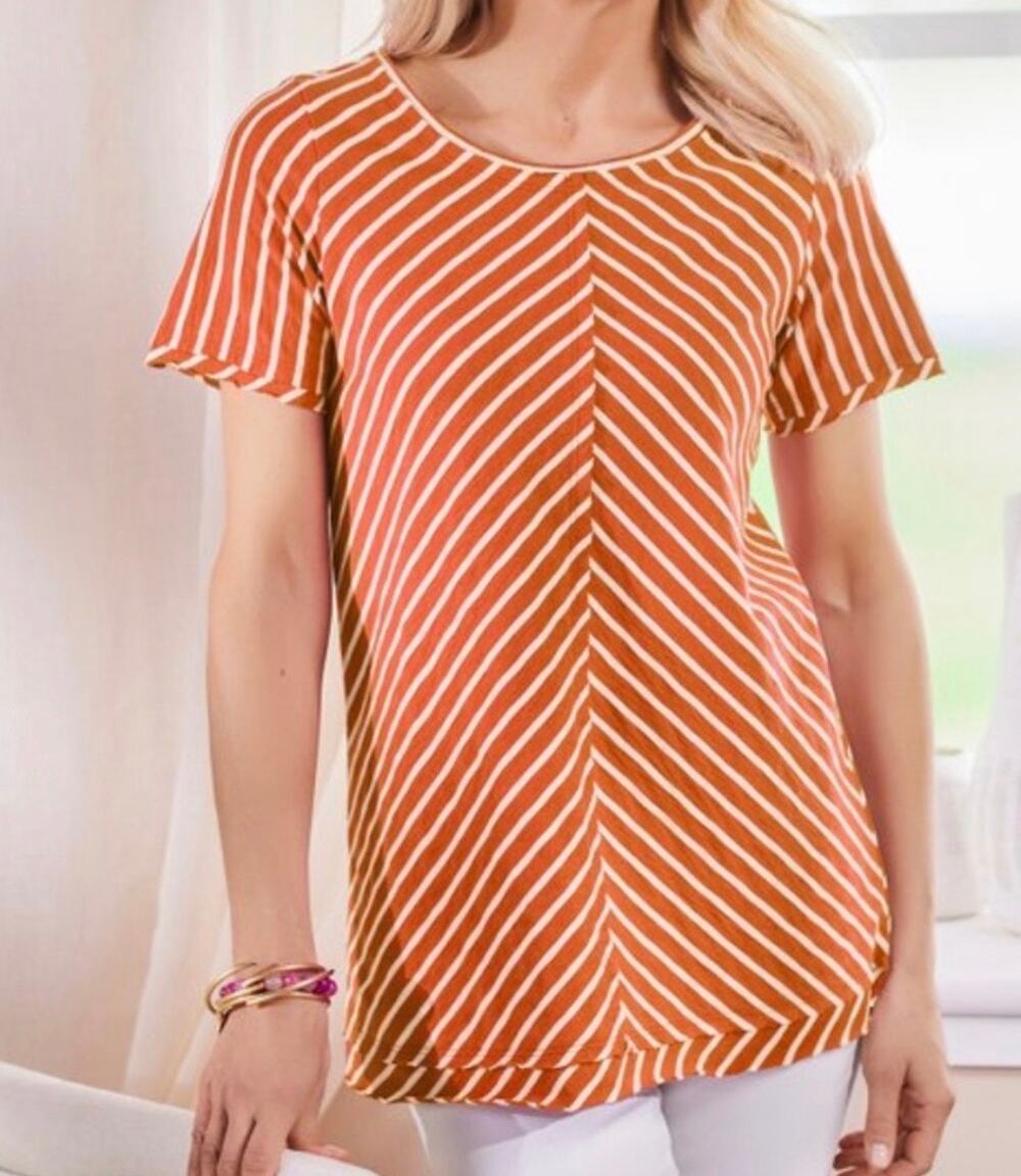 Soft Surroundings Indra Striped Tee Tunic 100% Pima Cotton Koi Orange Stripe XS